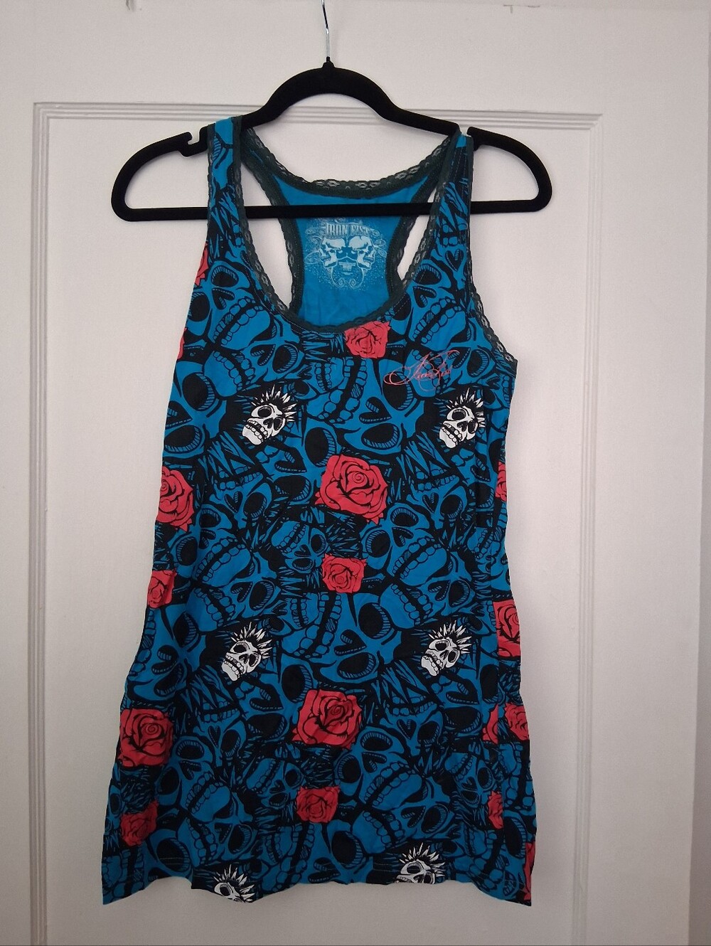 Iron Fist Teal Blue Tank Mini Dress Red Rose Black & White Skull Print Large